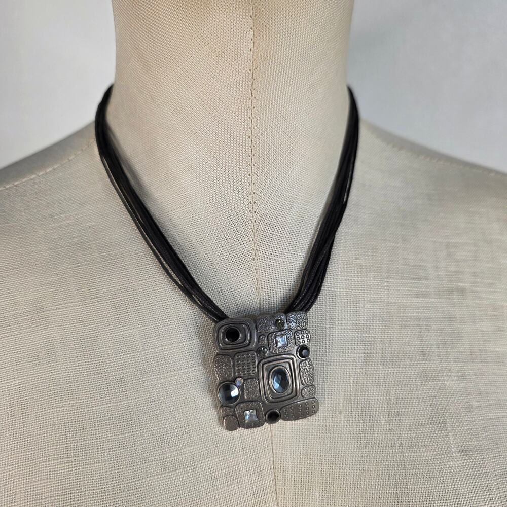 Geometric Rhinestone Pendant Necklace Black Multi Strand Statement